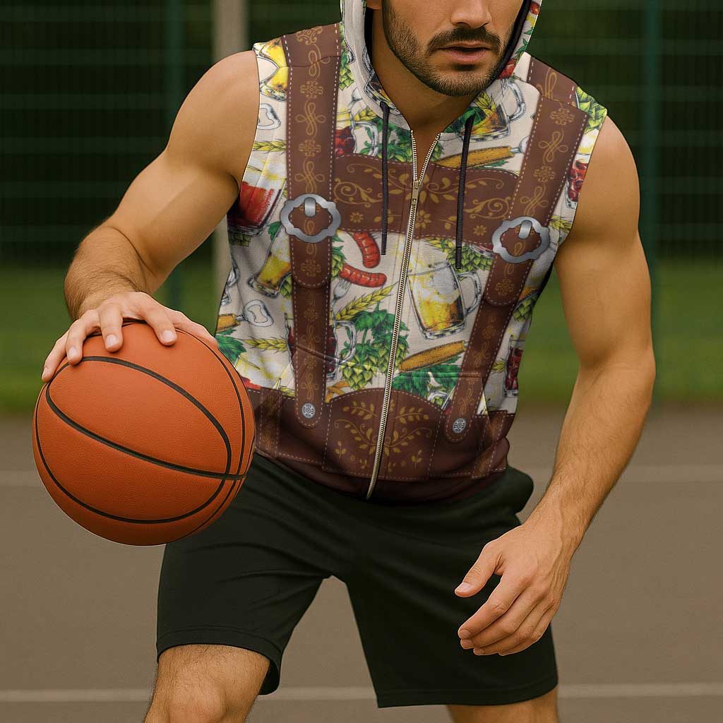 Oktoberfest Lederhosen Costume Sleeveless Zip Hoodie Food And Drink Pattern - Wonder Print Shop