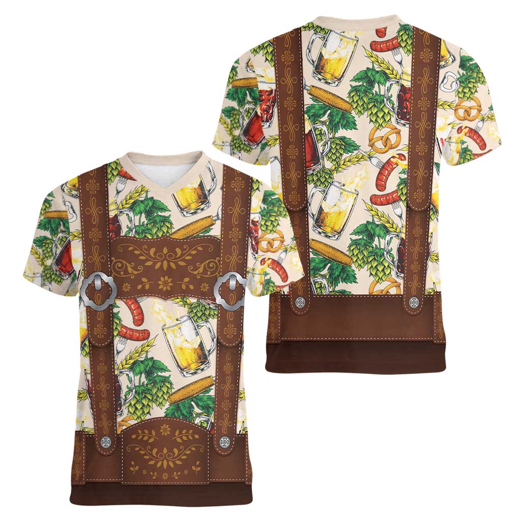 Oktoberfest Lederhosen Costume Women V-Neck T-Shirt Food And Drink Pattern - Wonder Print Shop