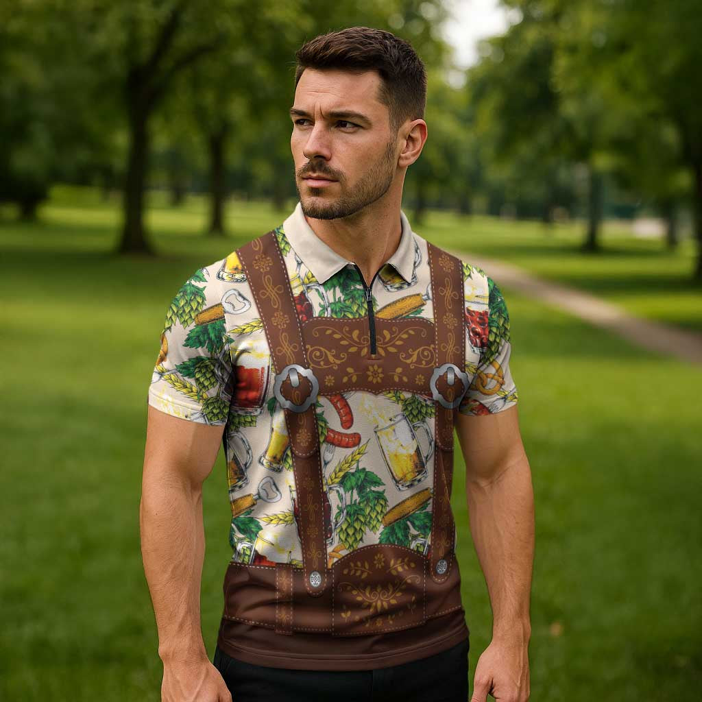 Oktoberfest Lederhosen Costume Zipper Polo Shirt Food And Drink Pattern - Wonder Print Shop