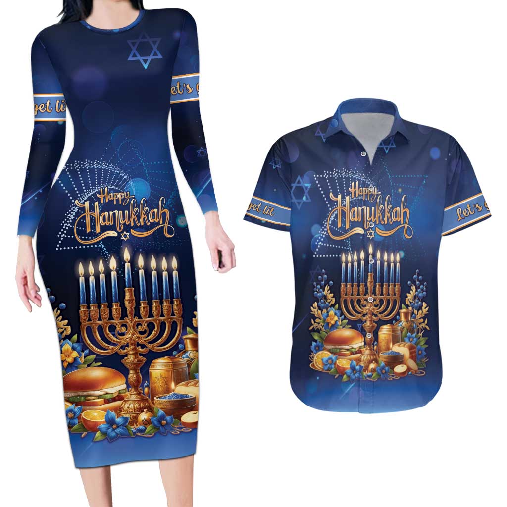 Jewish Hanukkah Festival Couples Matching Long Sleeve Bodycon Dress and Hawaiian Shirt Let's Get Lit LT05 - Wonder Print Shop