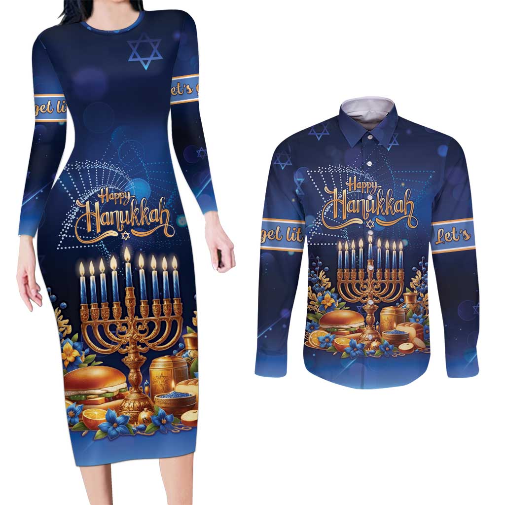 Jewish Hanukkah Festival Couples Matching Long Sleeve Bodycon Dress and Long Sleeve Button Shirt Let's Get Lit LT05 - Wonder Print Shop