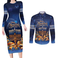 Jewish Hanukkah Festival Couples Matching Long Sleeve Bodycon Dress and Long Sleeve Button Shirt Let's Get Lit LT05 - Wonder Print Shop