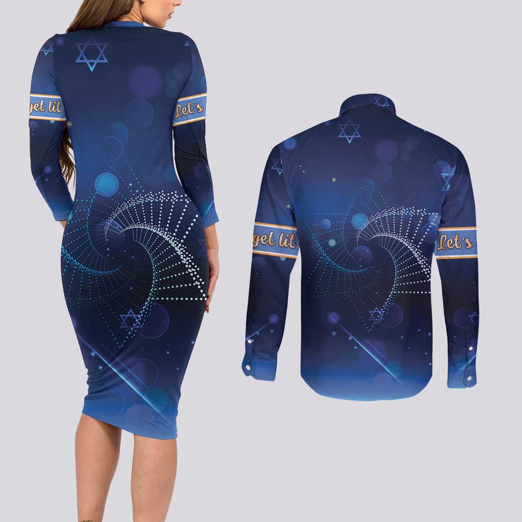 Jewish Hanukkah Festival Couples Matching Long Sleeve Bodycon Dress and Long Sleeve Button Shirt Let's Get Lit LT05 - Wonder Print Shop