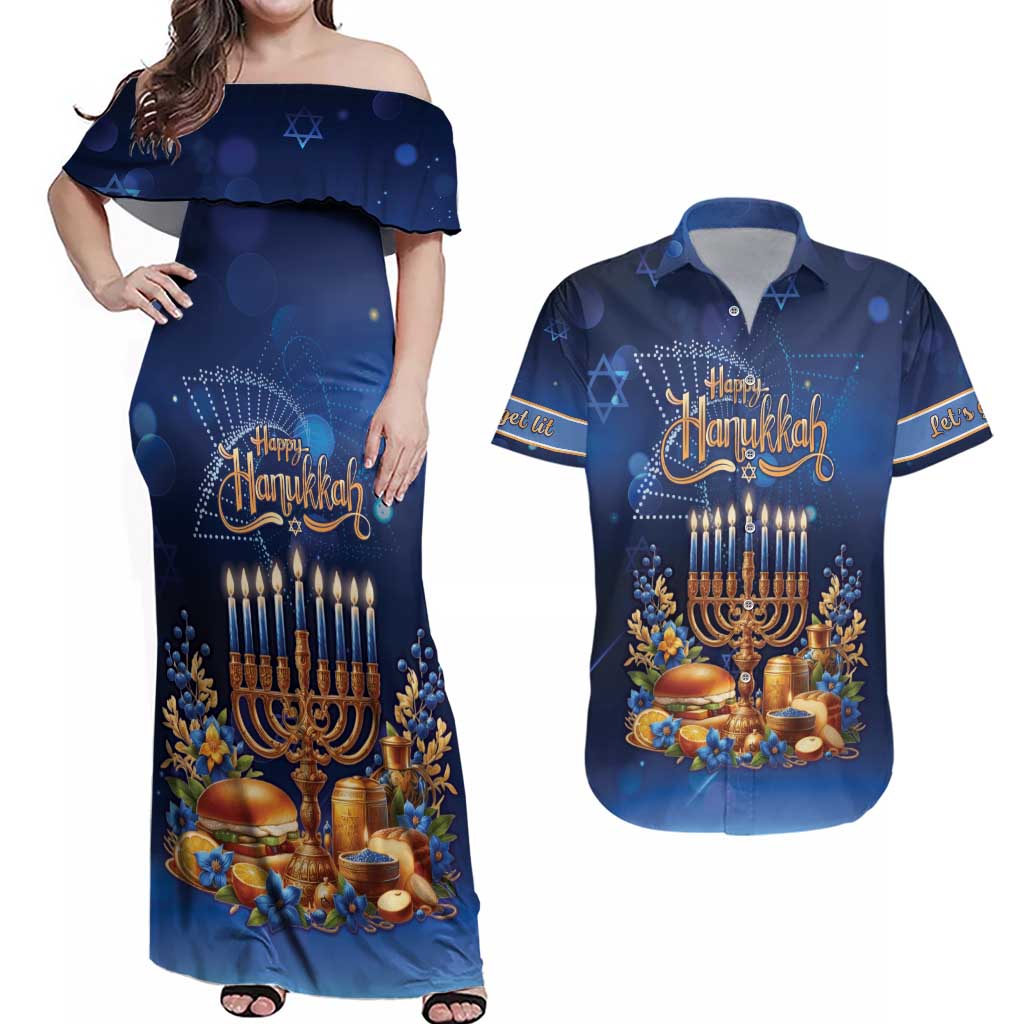 Jewish Hanukkah Festival Couples Matching Off Shoulder Maxi Dress and Hawaiian Shirt Let's Get Lit LT05 - Wonder Print Shop