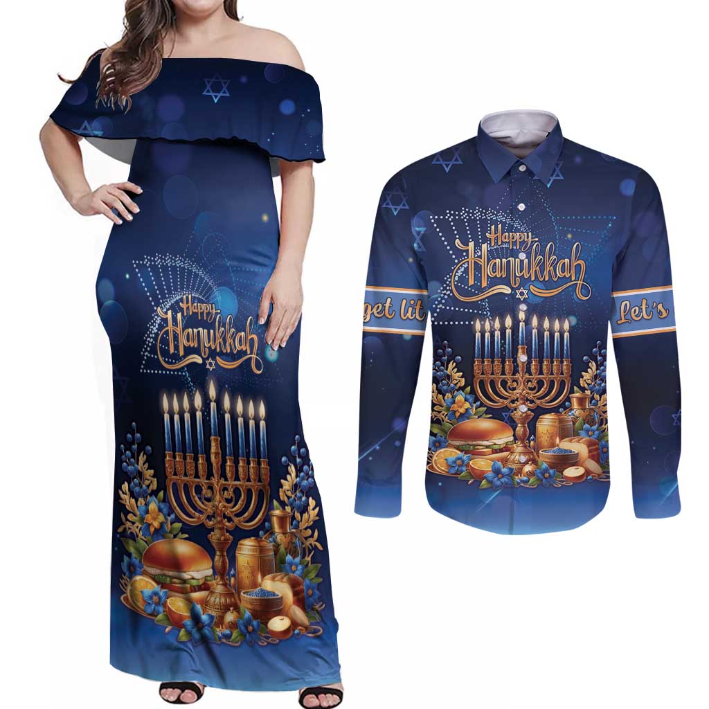 Jewish Hanukkah Festival Couples Matching Off Shoulder Maxi Dress and Long Sleeve Button Shirt Let's Get Lit LT05 - Wonder Print Shop