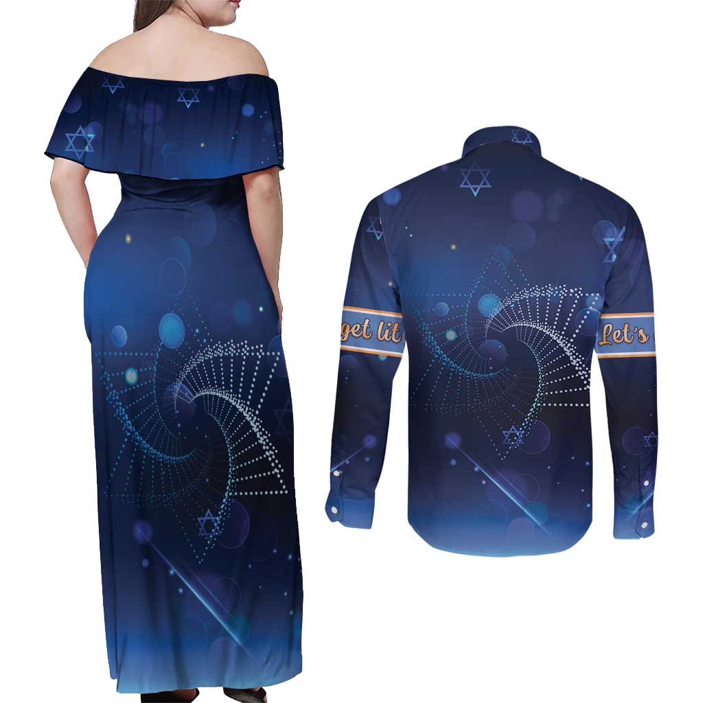 Jewish Hanukkah Festival Couples Matching Off Shoulder Maxi Dress and Long Sleeve Button Shirt Let's Get Lit LT05 - Wonder Print Shop