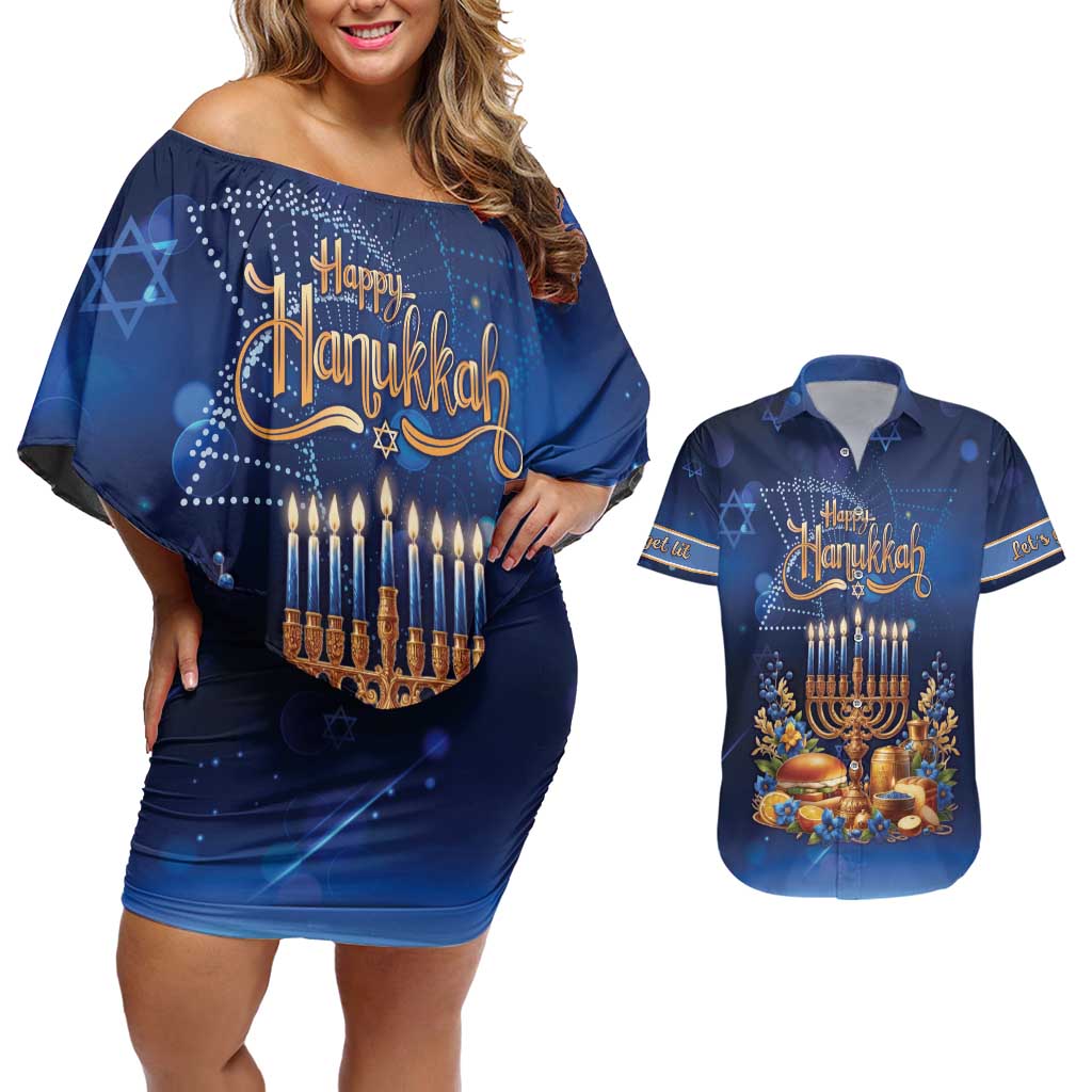 Jewish Hanukkah Festival Couples Matching Off Shoulder Short Dress and Hawaiian Shirt Let's Get Lit LT05 - Wonder Print Shop