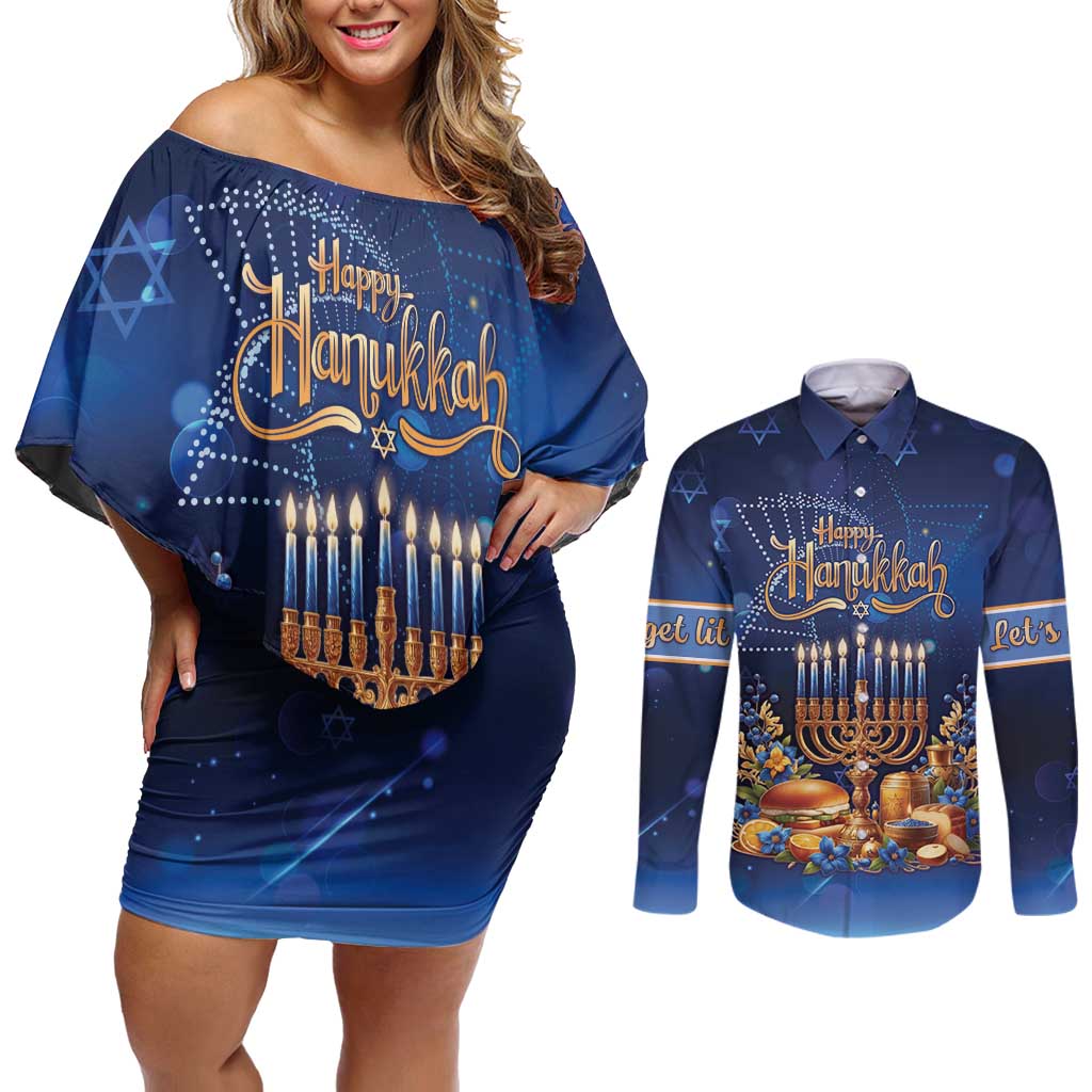 Jewish Hanukkah Festival Couples Matching Off Shoulder Short Dress and Long Sleeve Button Shirt Let's Get Lit LT05 - Wonder Print Shop