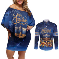 Jewish Hanukkah Festival Couples Matching Off Shoulder Short Dress and Long Sleeve Button Shirt Let's Get Lit LT05 - Wonder Print Shop