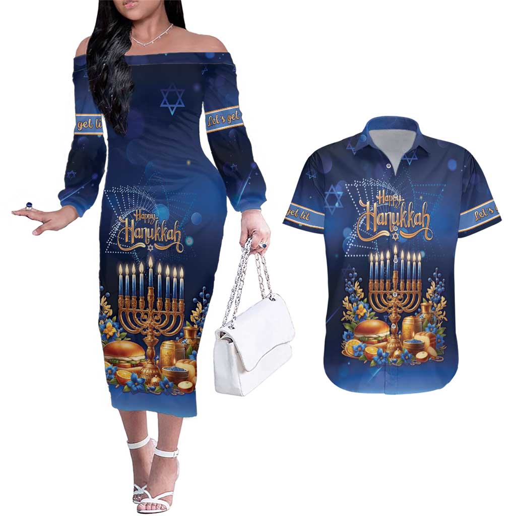 Jewish Hanukkah Festival Couples Matching Off The Shoulder Long Sleeve Dress and Hawaiian Shirt Let's Get Lit LT05 - Wonder Print Shop