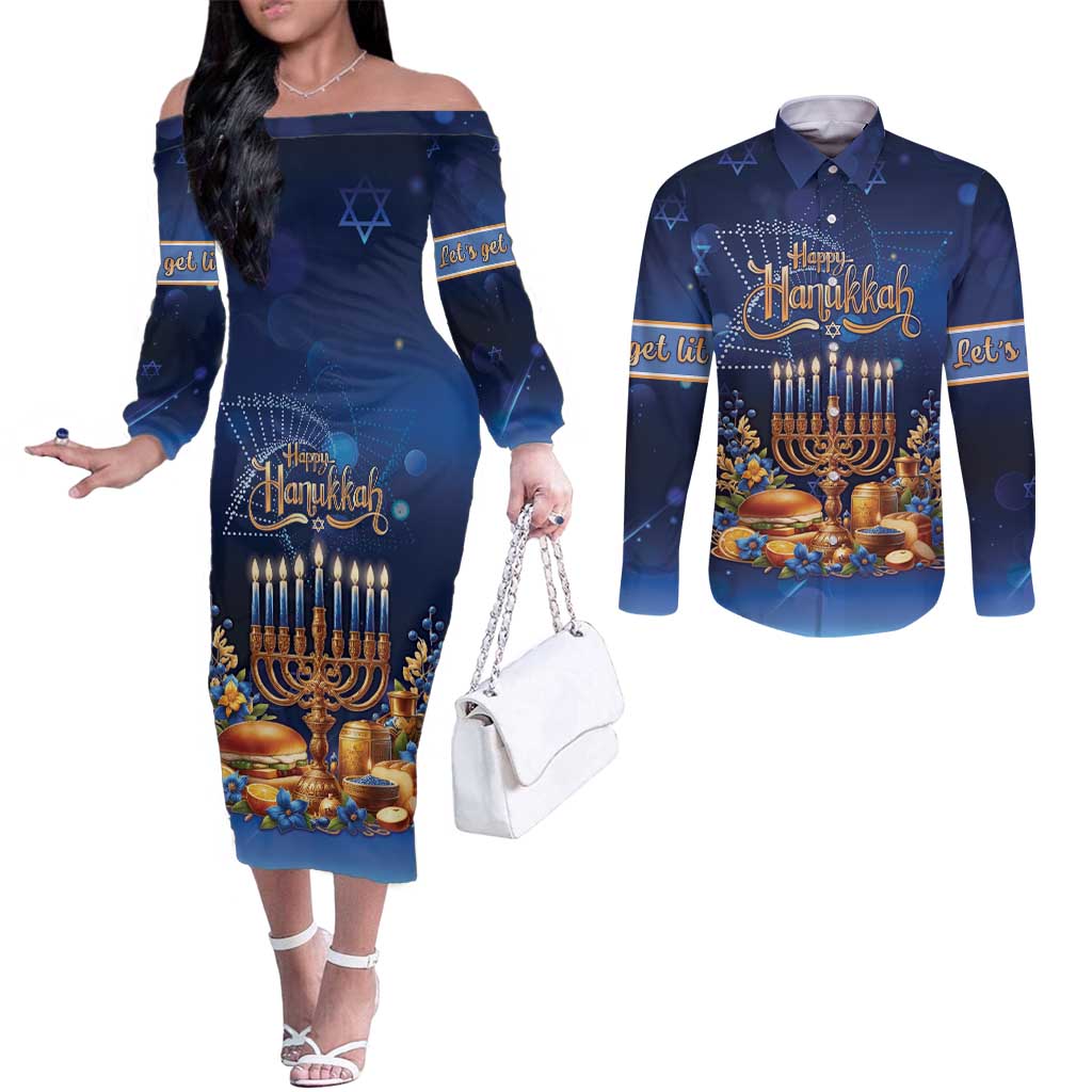 Jewish Hanukkah Festival Couples Matching Off The Shoulder Long Sleeve Dress and Long Sleeve Button Shirt Let's Get Lit