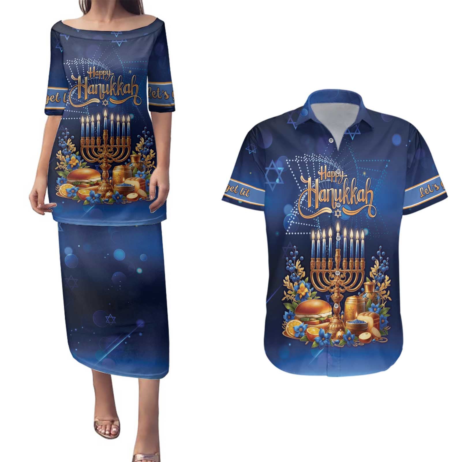 Jewish Hanukkah Festival Couples Matching Puletasi and Hawaiian Shirt Let's Get Lit LT05 - Wonder Print Shop