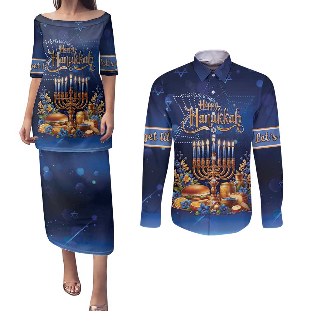 Jewish Hanukkah Festival Couples Matching Puletasi and Long Sleeve Button Shirt Let's Get Lit LT05 - Wonder Print Shop