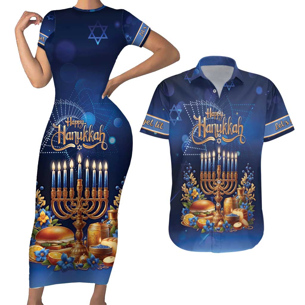 Jewish Hanukkah Festival Couples Matching Short Sleeve Bodycon Dress and Hawaiian Shirt Let's Get Lit LT05 - Wonder Print Shop