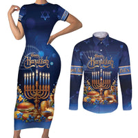 Jewish Hanukkah Festival Couples Matching Short Sleeve Bodycon Dress and Long Sleeve Button Shirt Let's Get Lit LT05 - Wonder Print Shop