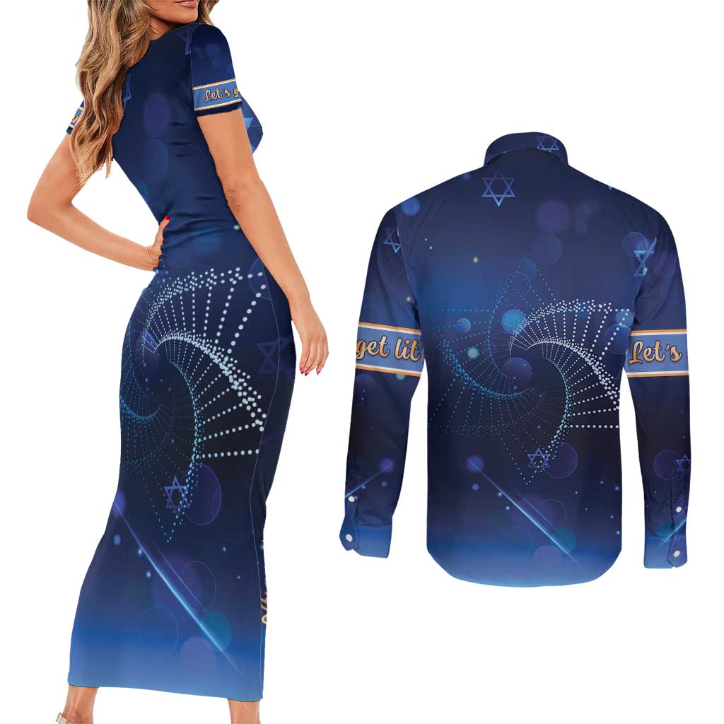 Jewish Hanukkah Festival Couples Matching Short Sleeve Bodycon Dress and Long Sleeve Button Shirt Let's Get Lit LT05 - Wonder Print Shop