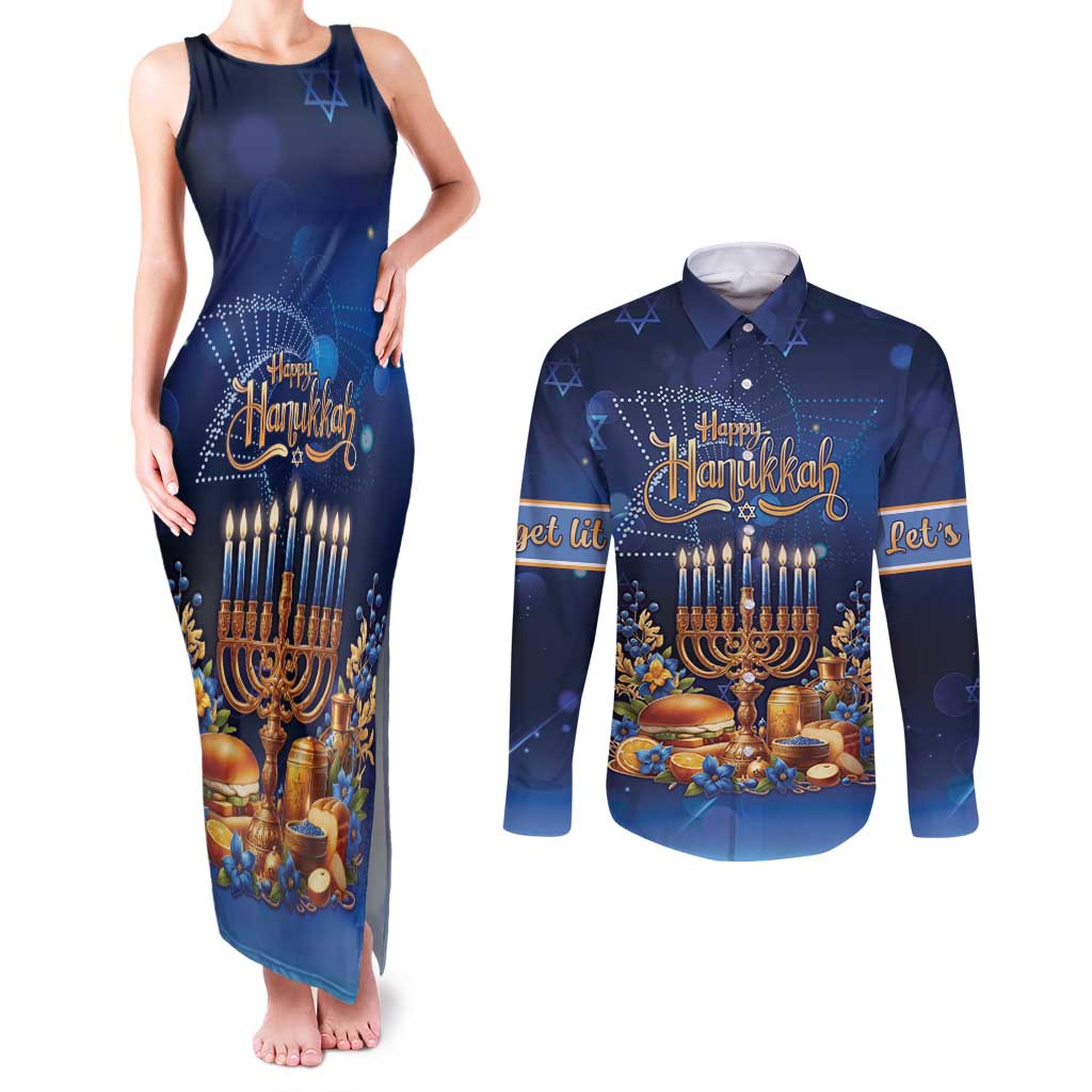 Jewish Hanukkah Festival Couples Matching Tank Maxi Dress and Long Sleeve Button Shirt Let's Get Lit LT05 - Wonder Print Shop