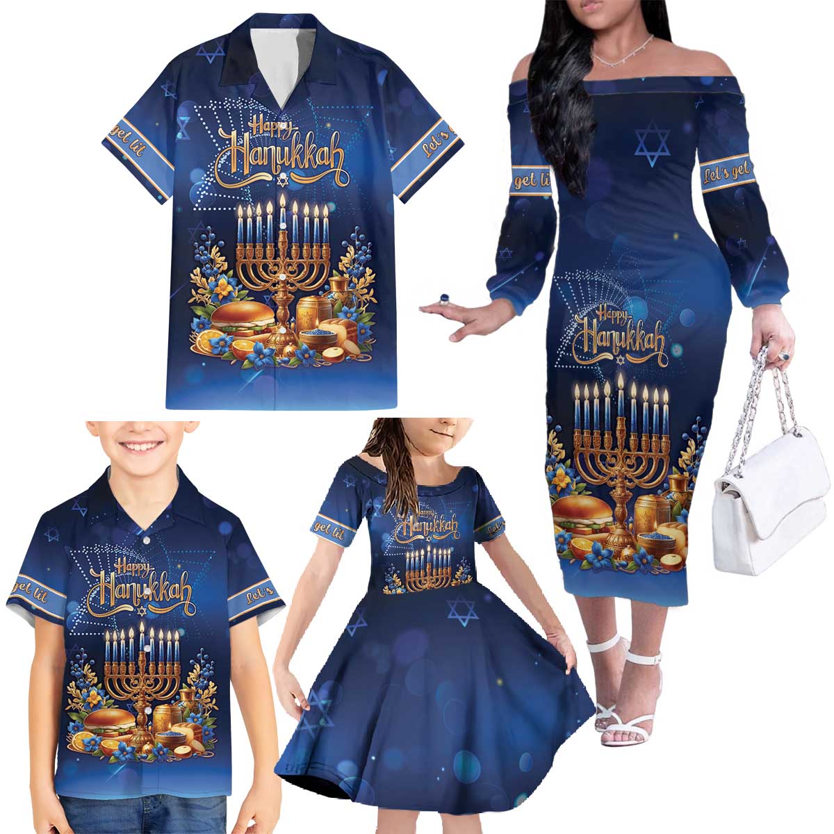 Jewish Hanukkah Festival Family Matching Off The Shoulder Long Sleeve Dress and Hawaiian Shirt Let's Get Lit LT05 - Wonder Print Shop