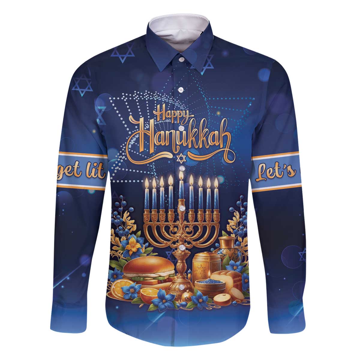 Jewish Hanukkah Festival Family Matching Off The Shoulder Long Sleeve Dress and Hawaiian Shirt Let's Get Lit LT05 - Wonder Print Shop