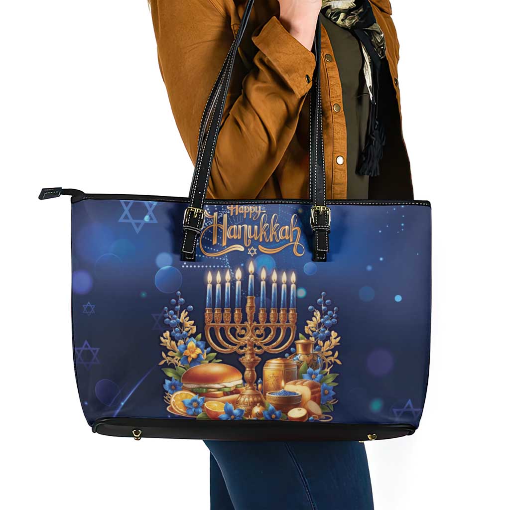 Jewish Hanukkah Festival Leather Tote Bag Let's Get Lit LT05 - Wonder Print Shop