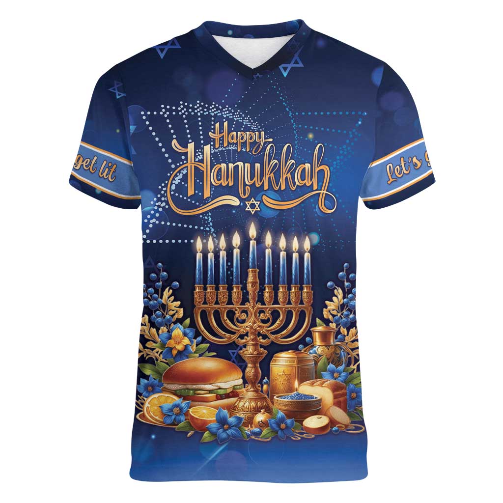 Jewish Hanukkah Festival Women V-Neck T-Shirt Let's Get Lit LT05 - Wonder Print Shop