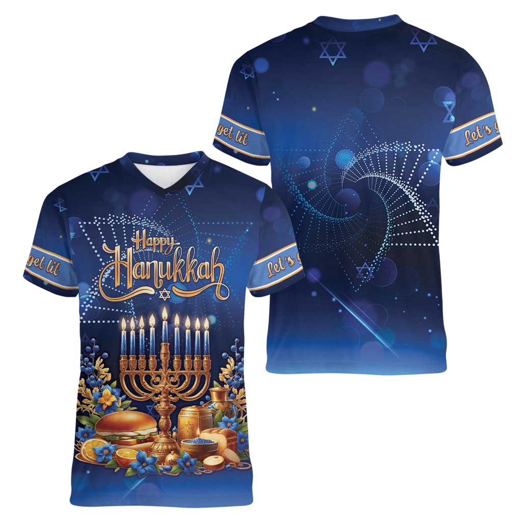 Jewish Hanukkah Festival Women V-Neck T-Shirt Let's Get Lit LT05 - Wonder Print Shop