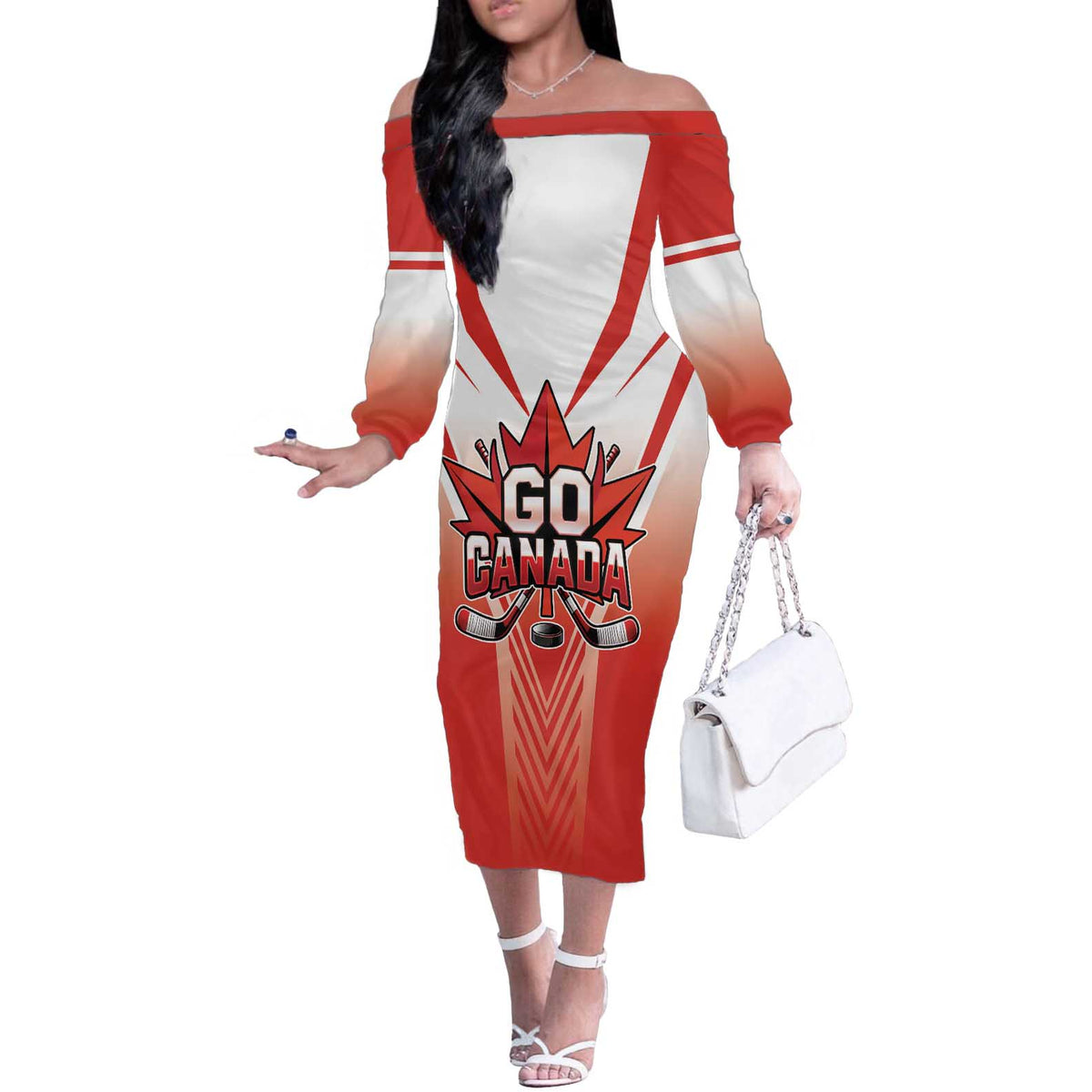 Canada Ice Hockey Custom Off The Shoulder Long Sleeve Dress Go Canada Unique Style