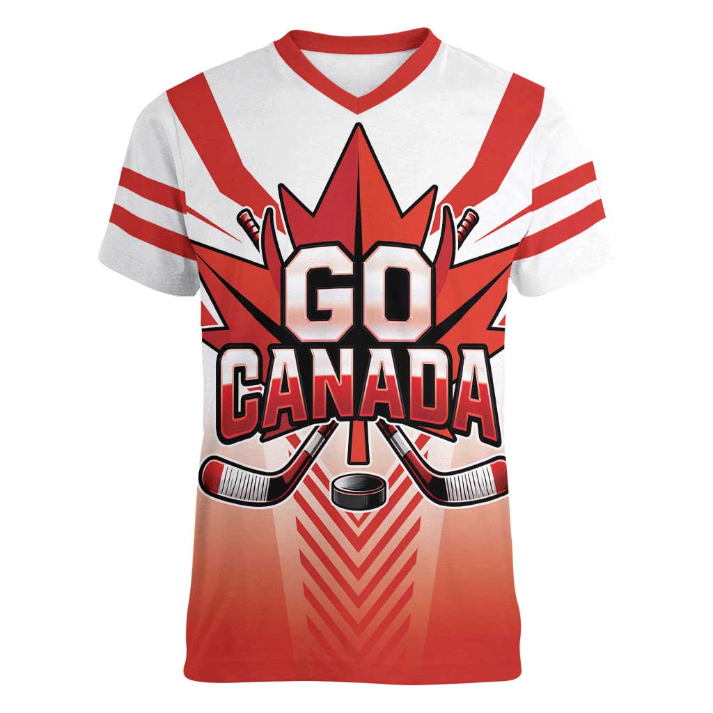 Canada Ice Hockey Custom Women V-Neck T-Shirt Go Canada Unique Style