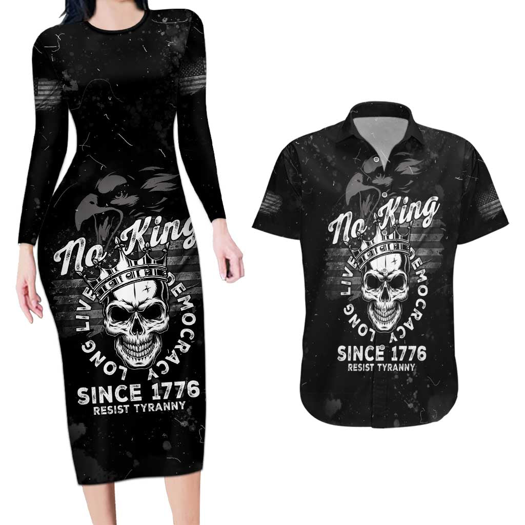 No Kings In America Couples Matching Long Sleeve Bodycon Dress and Hawaiian Shirt Resist Tyranny - Wonder Print Shop