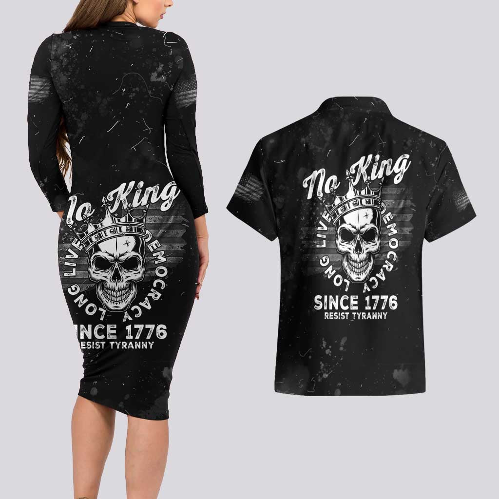 No Kings In America Couples Matching Long Sleeve Bodycon Dress and Hawaiian Shirt Resist Tyranny - Wonder Print Shop