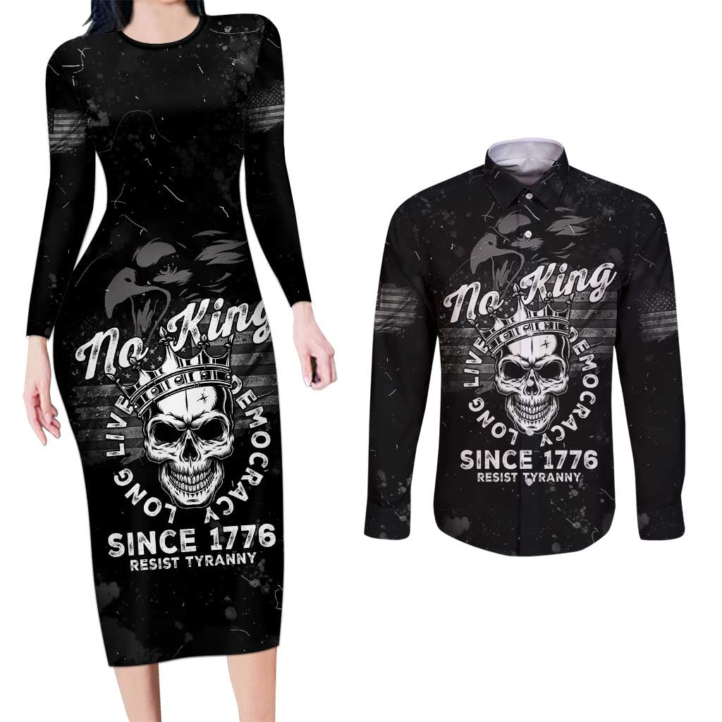No Kings In America Couples Matching Long Sleeve Bodycon Dress and Long Sleeve Button Shirt Resist Tyranny - Wonder Print Shop