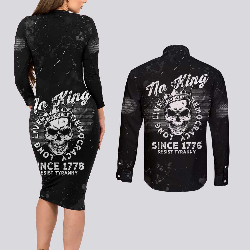 No Kings In America Couples Matching Long Sleeve Bodycon Dress and Long Sleeve Button Shirt Resist Tyranny - Wonder Print Shop