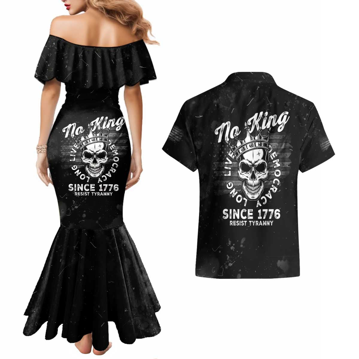 No Kings In America Couples Matching Mermaid Dress and Hawaiian Shirt Resist Tyranny - Wonder Print Shop