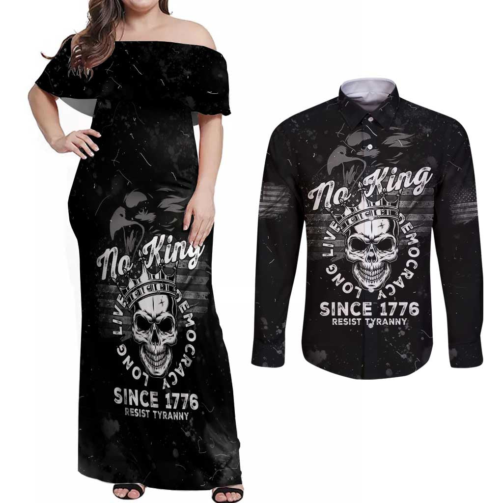 No Kings In America Couples Matching Off Shoulder Maxi Dress and Long Sleeve Button Shirt Resist Tyranny - Wonder Print Shop