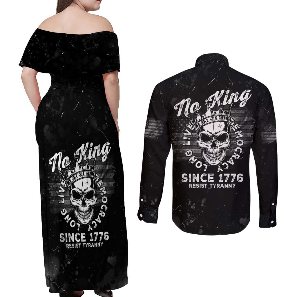 No Kings In America Couples Matching Off Shoulder Maxi Dress and Long Sleeve Button Shirt Resist Tyranny - Wonder Print Shop