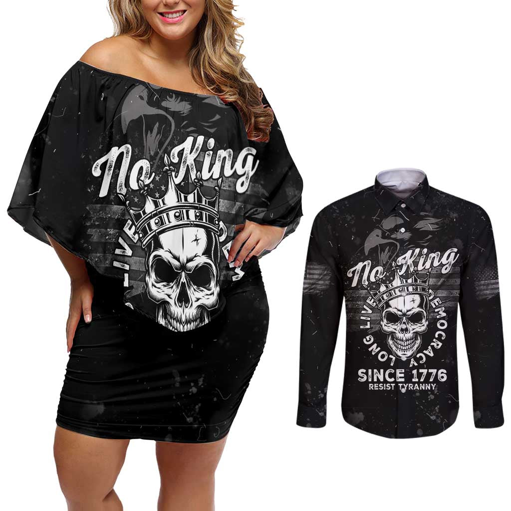 No Kings In America Couples Matching Off Shoulder Short Dress and Long Sleeve Button Shirt Resist Tyranny - Wonder Print Shop