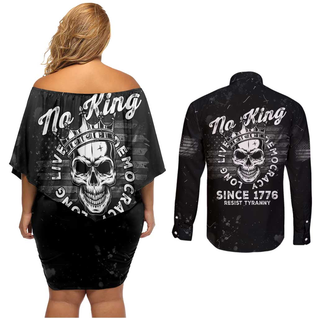 No Kings In America Couples Matching Off Shoulder Short Dress and Long Sleeve Button Shirt Resist Tyranny - Wonder Print Shop