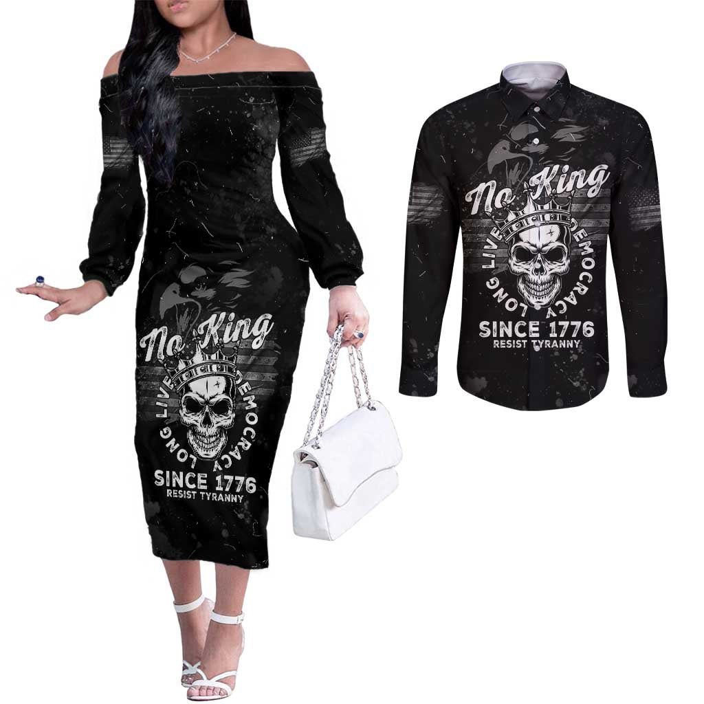 No Kings In America Couples Matching Off The Shoulder Long Sleeve Dress and Long Sleeve Button Shirt Resist Tyranny - Wonder Print Shop