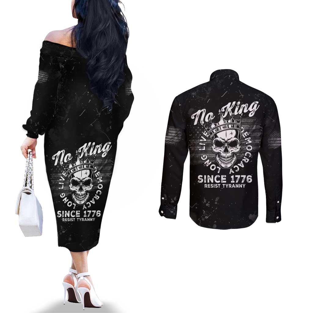 No Kings In America Couples Matching Off The Shoulder Long Sleeve Dress and Long Sleeve Button Shirt Resist Tyranny - Wonder Print Shop
