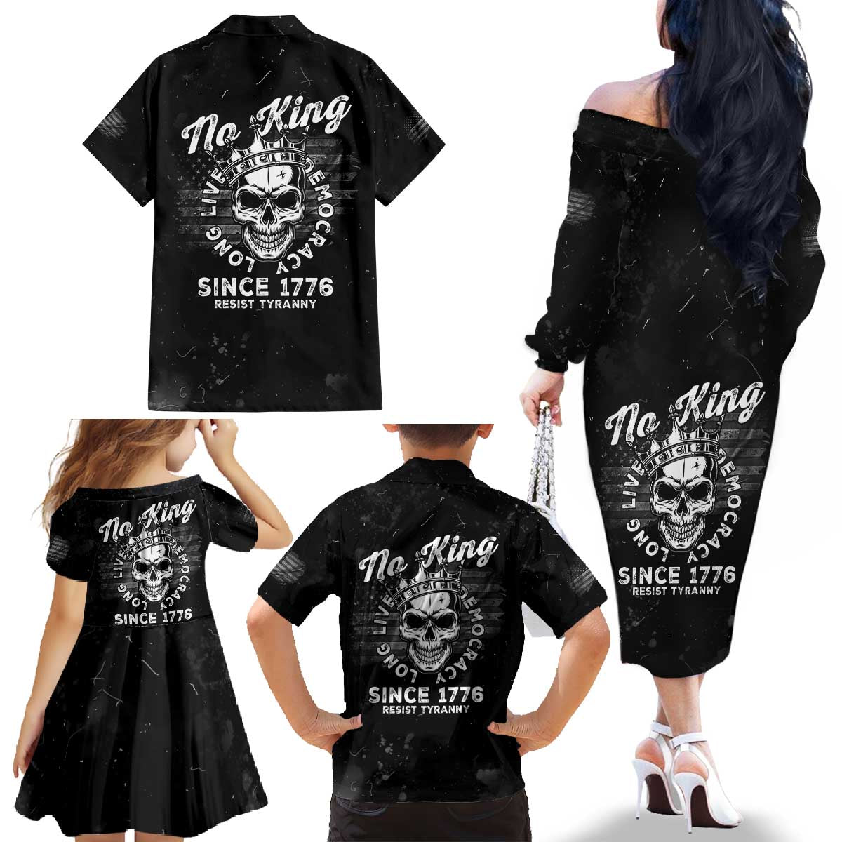 No Kings In America Family Matching Off The Shoulder Long Sleeve Dress and Hawaiian Shirt Resist Tyranny - Wonder Print Shop