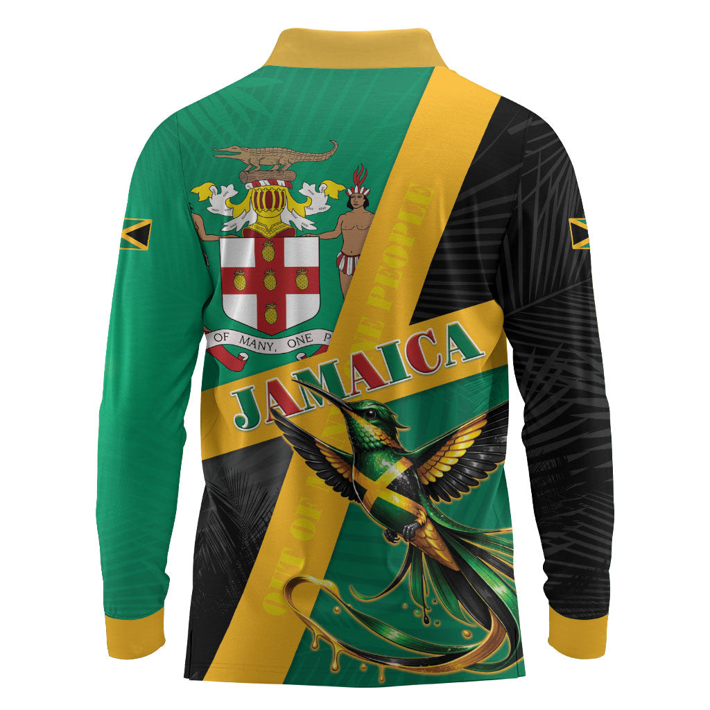 Jamaica Independence Day Long Sleeve Polo Shirt Coat Of Arms With Doctor Bird Tropical Vibes