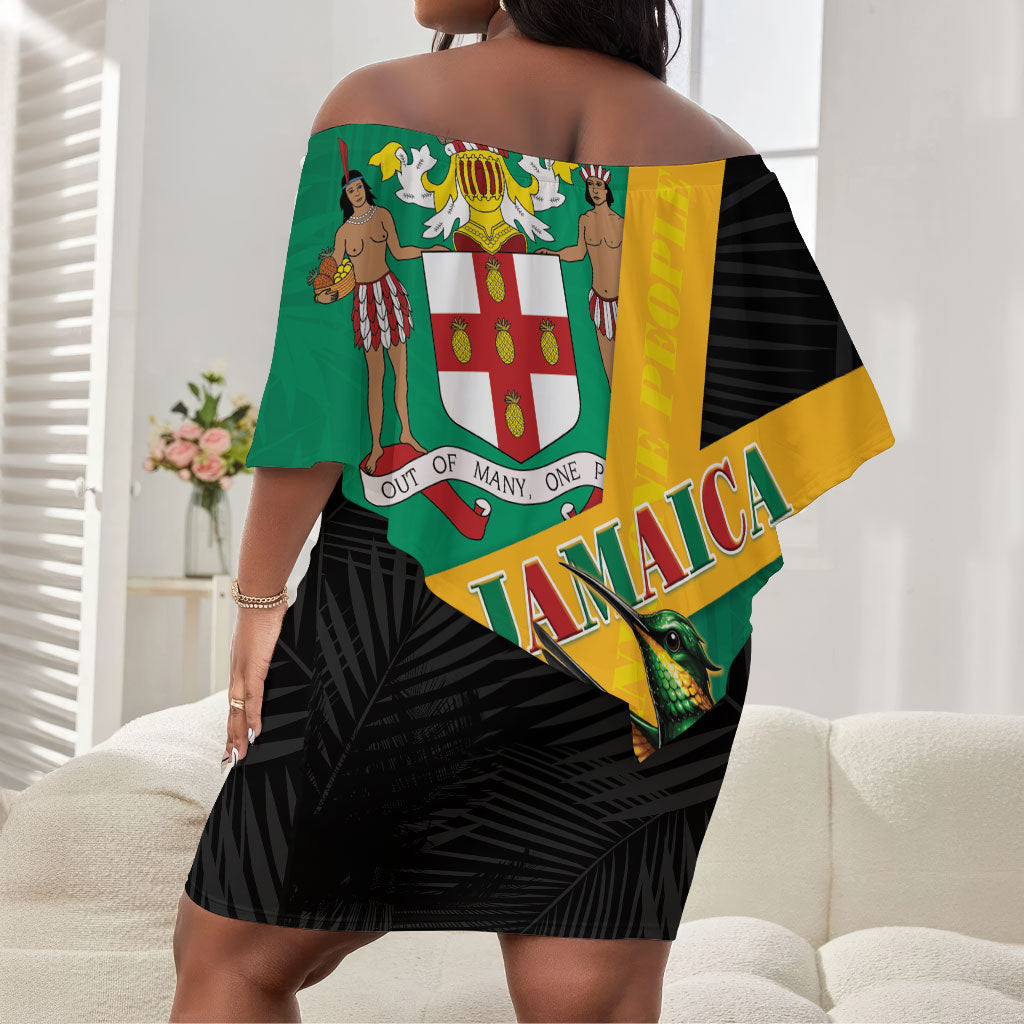Jamaica Independence Day Off Shoulder Short Dress Coat Of Arms With Doctor Bird Tropical Vibes