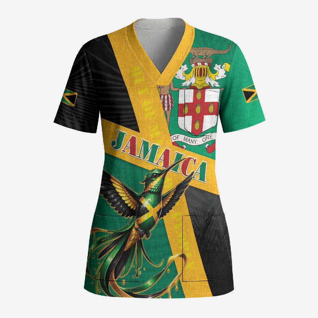 Jamaica Independence Day Scrub Top Coat Of Arms With Doctor Bird Tropical Vibes