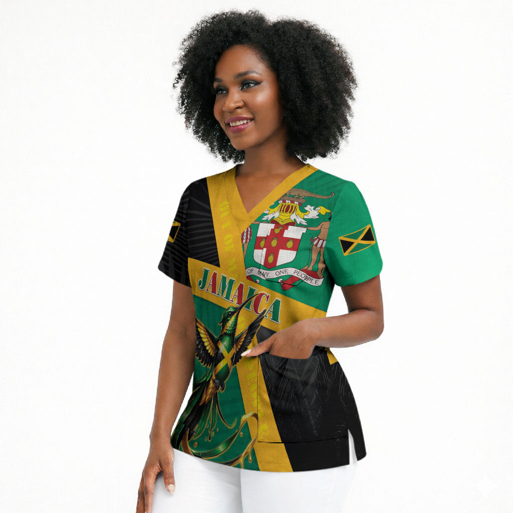 Jamaica Independence Day Scrub Top Coat Of Arms With Doctor Bird Tropical Vibes