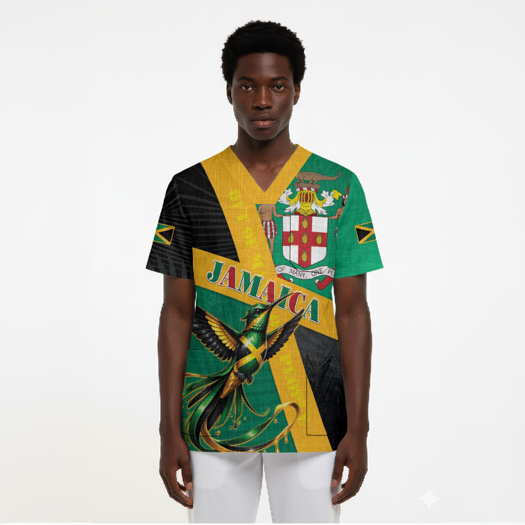 Jamaica Independence Day Scrub Top Coat Of Arms With Doctor Bird Tropical Vibes