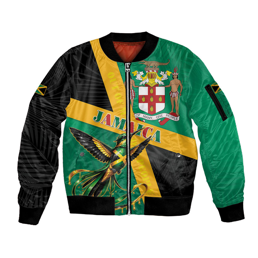 Jamaica Independence Day Sleeve Zip Bomber Jacket Coat Of Arms With Doctor Bird Tropical Vibes