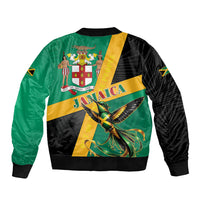 Jamaica Independence Day Sleeve Zip Bomber Jacket Coat Of Arms With Doctor Bird Tropical Vibes