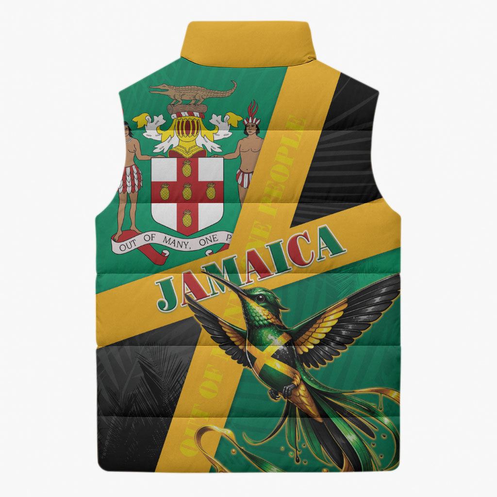 Jamaica Independence Day Sleeveless Puffer Jacket Coat Of Arms With Doctor Bird Tropical Vibes
