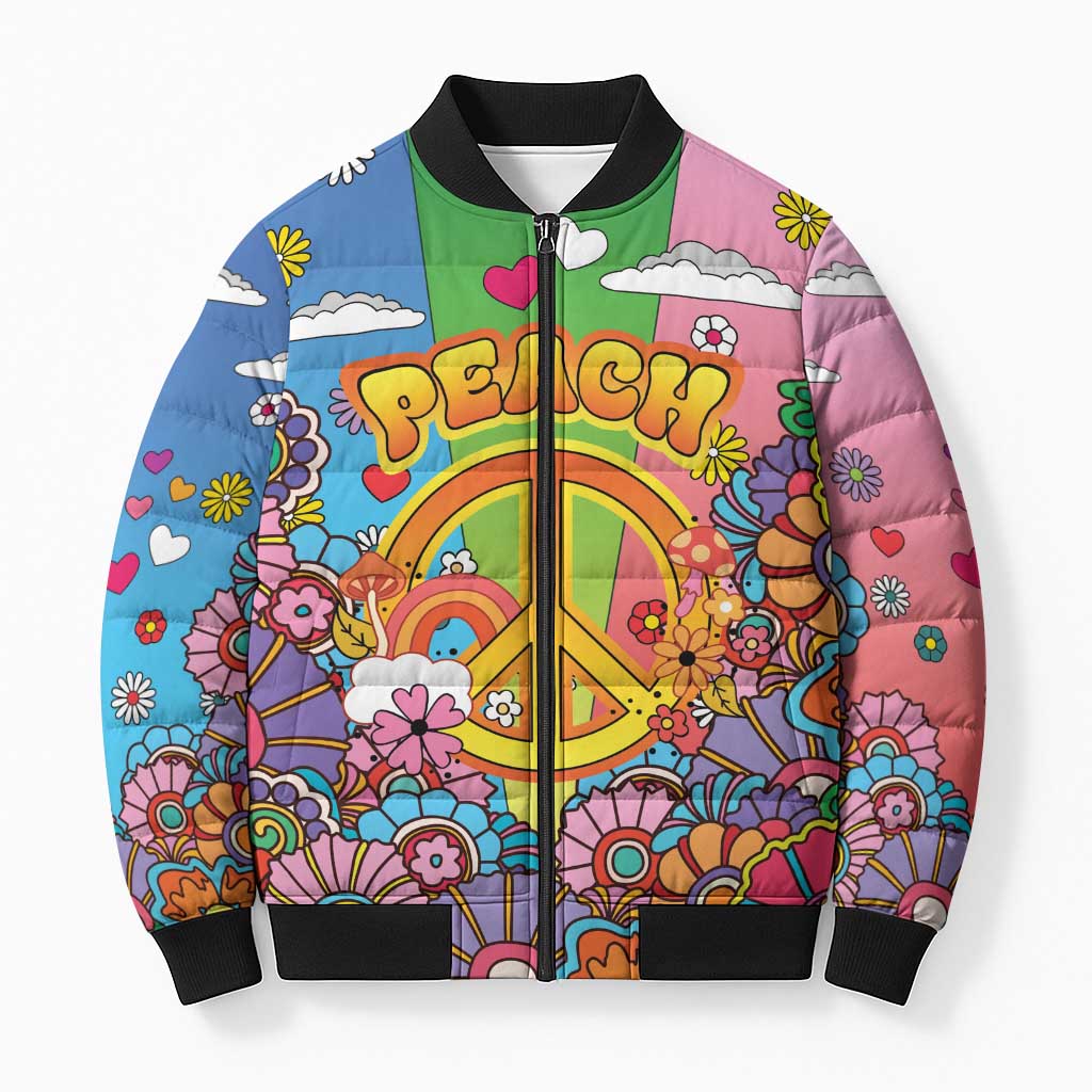 Hippie Peace Love Bomber Puffer Jacket Colorful Style - Wonder Print Shop