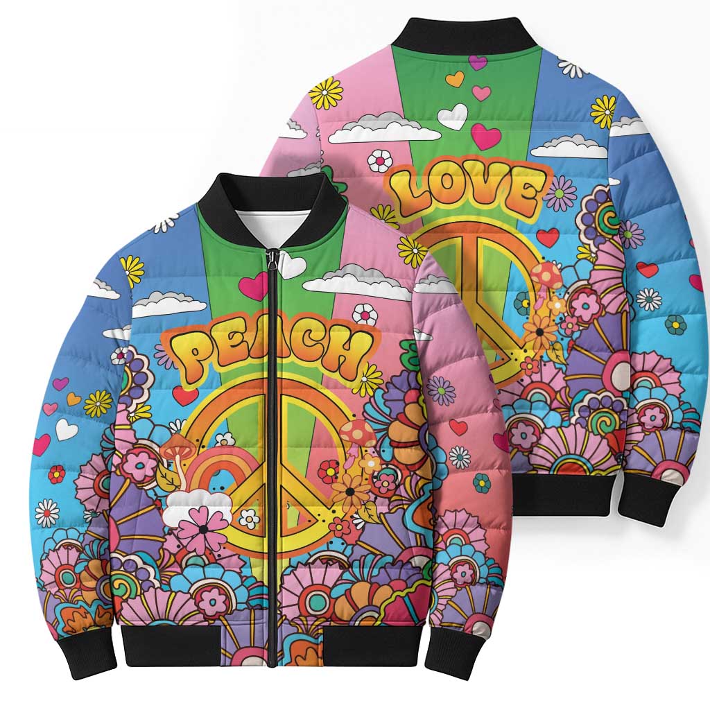 Hippie Peace Love Bomber Puffer Jacket Colorful Style - Wonder Print Shop